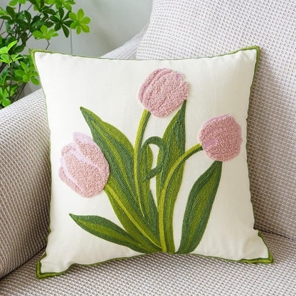 Farmhouse Tulip Cotton Tufted Throw Pillow Cover Spring Floral Embroidery Pillowcase Soft Square Cushion Case for Sofa Couch Bed Chair (Pink,18"x18")
