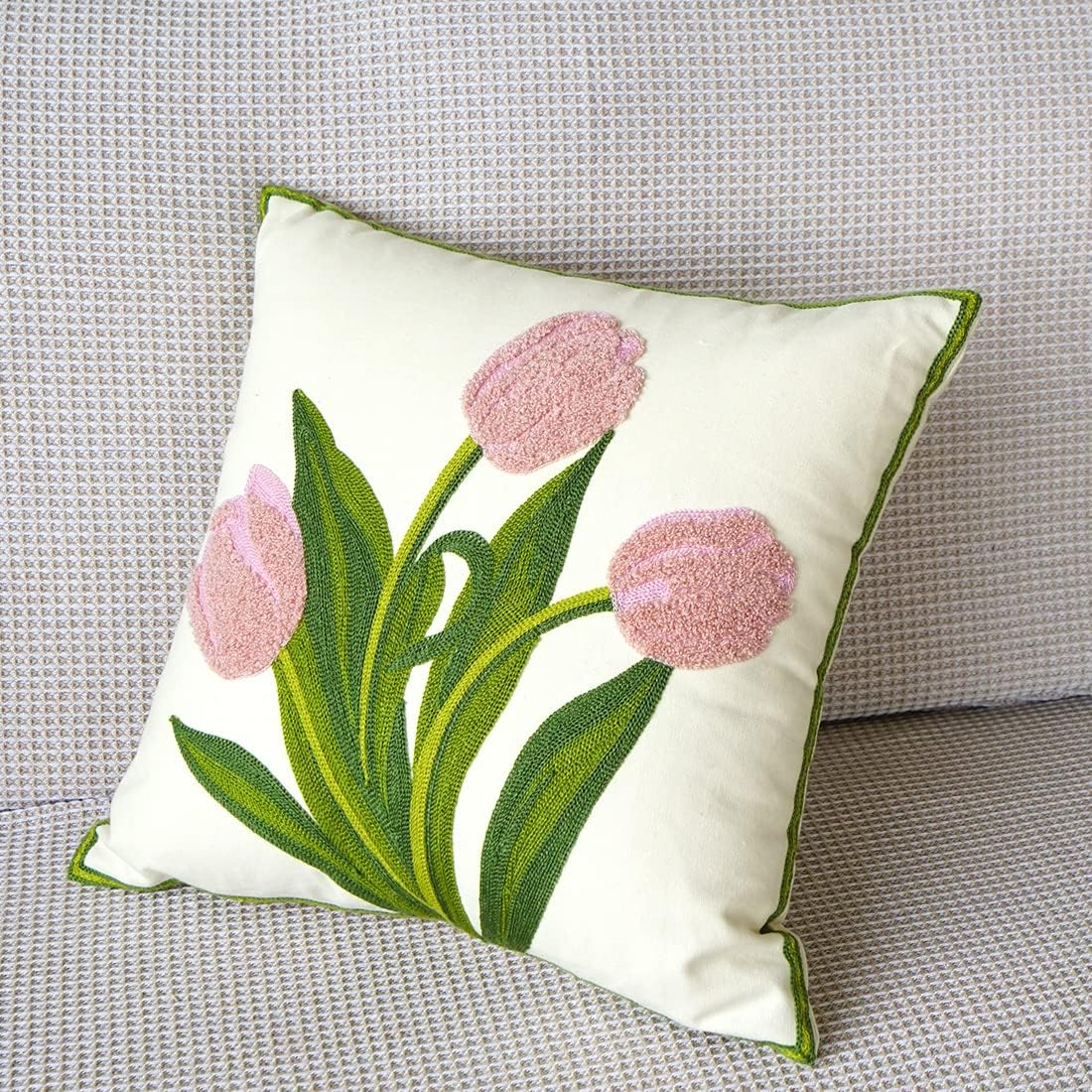 Farmhouse Tulip Cotton Tufted Throw Pillow Cover Spring Floral Embroidery Pillowcase Soft Square Cushion Case for Sofa Couch Bed Chair (Pink,18"x18")