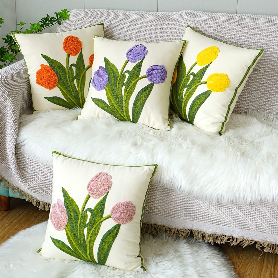 Farmhouse Tulip Cotton Tufted Throw Pillow Cover Spring Floral Embroidery Pillowcase Soft Square Cushion Case for Sofa Couch Bed Chair (Pink,18"x18")