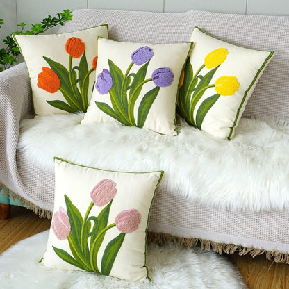 Farmhouse Tulip Cotton Tufted Throw Pillow Cover Spring Floral Embroidery Pillowcase Soft Square Cushion Case for Sofa Couch Bed Chair (Pink,18"x18")