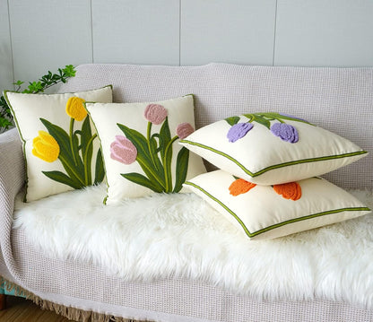 Farmhouse Tulip Cotton Tufted Throw Pillow Cover Spring Floral Embroidery Pillowcase Soft Square Cushion Case for Sofa Couch Bed Chair (Pink,18"x18")