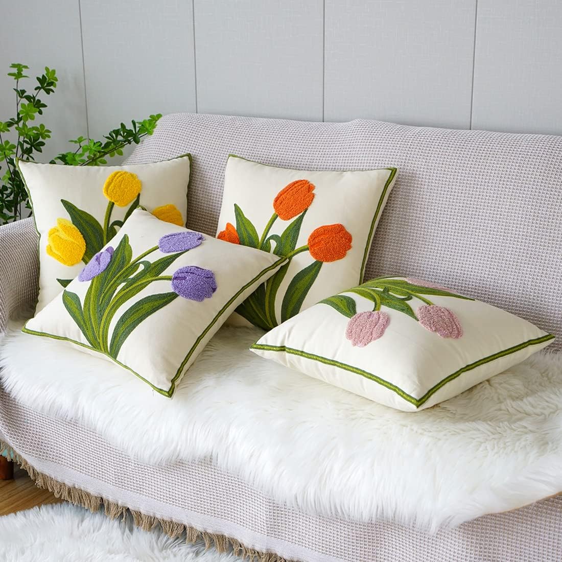 Farmhouse Tulip Cotton Tufted Throw Pillow Cover Spring Floral Embroidery Pillowcase Soft Square Cushion Case for Sofa Couch Bed Chair (Pink,18"x18")