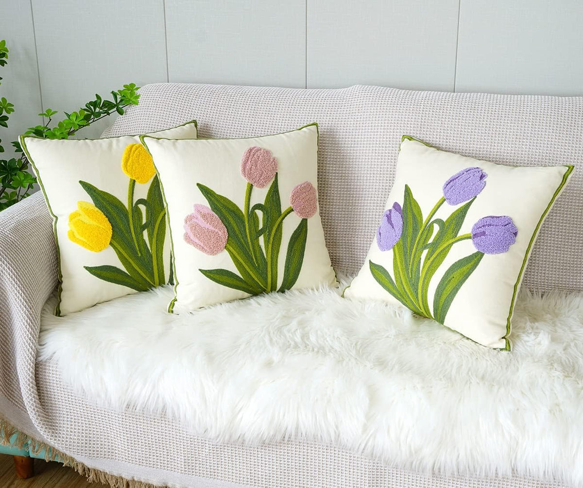 Farmhouse Tulip Cotton Tufted Throw Pillow Cover Spring Floral Embroidery Pillowcase Soft Square Cushion Case for Sofa Couch Bed Chair (Pink,18"x18")