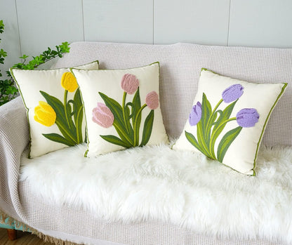 Farmhouse Tulip Cotton Tufted Throw Pillow Cover Spring Floral Embroidery Pillowcase Soft Square Cushion Case for Sofa Couch Bed Chair (Pink,18"x18")