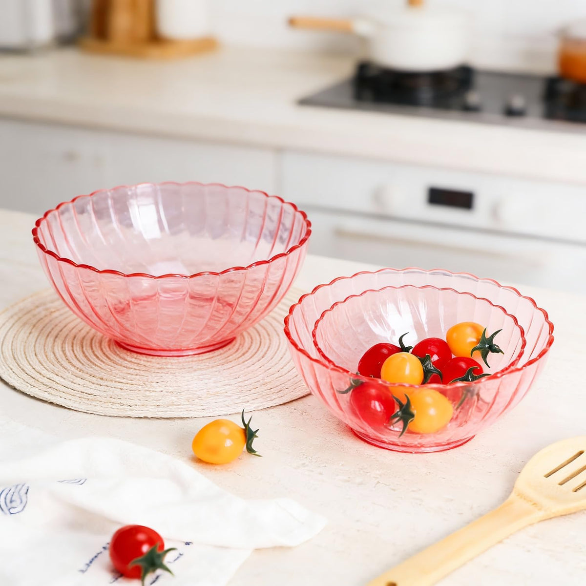 Acrylic Salad Mixing Bowls Party Snack Bowls Serving Bowls for Candy Dessert Chips Fruits-Pink-3 PCS