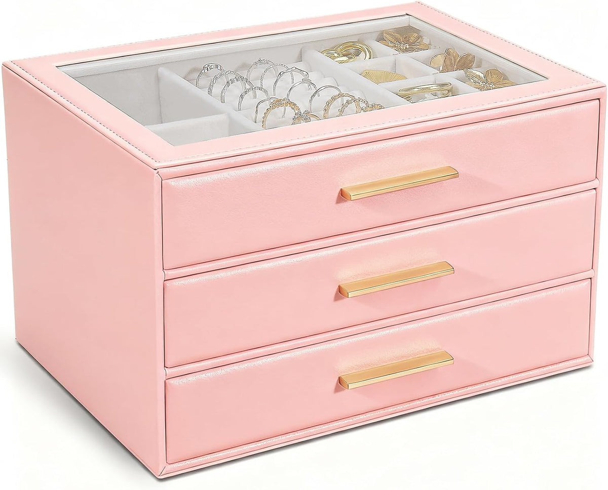 Jewelry Box for Women, Glass Lid Jewelry Organizer with 3 Drawers PU Jewelry Storage Case for Necklaces Rings Earrings Bracelets (Pink)