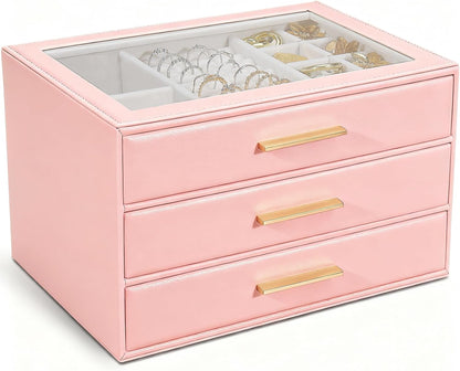 Jewelry Box for Women, Glass Lid Jewelry Organizer with 3 Drawers PU Jewelry Storage Case for Necklaces Rings Earrings Bracelets (Pink)