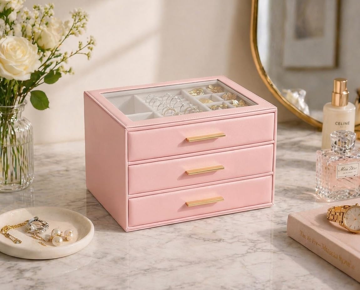 Jewelry Box for Women, Glass Lid Jewelry Organizer with 3 Drawers PU Jewelry Storage Case for Necklaces Rings Earrings Bracelets (Pink)