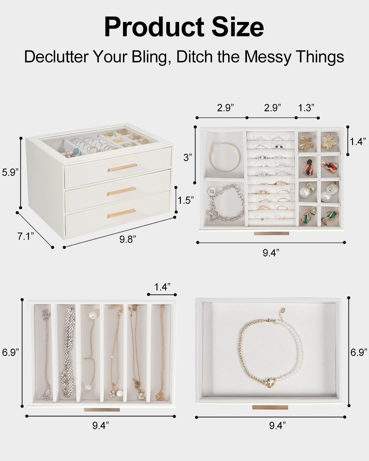 Jewelry Box for Women, Glass Lid Jewelry Organizer with 3 Drawers PU Jewelry Storage Case for Necklaces Rings Earrings Bracelets (Pink)