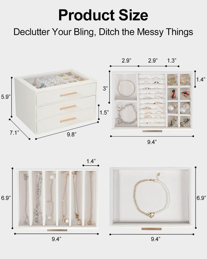Jewelry Box for Women, Glass Lid Jewelry Organizer with 3 Drawers PU Jewelry Storage Case for Necklaces Rings Earrings Bracelets (Pink)