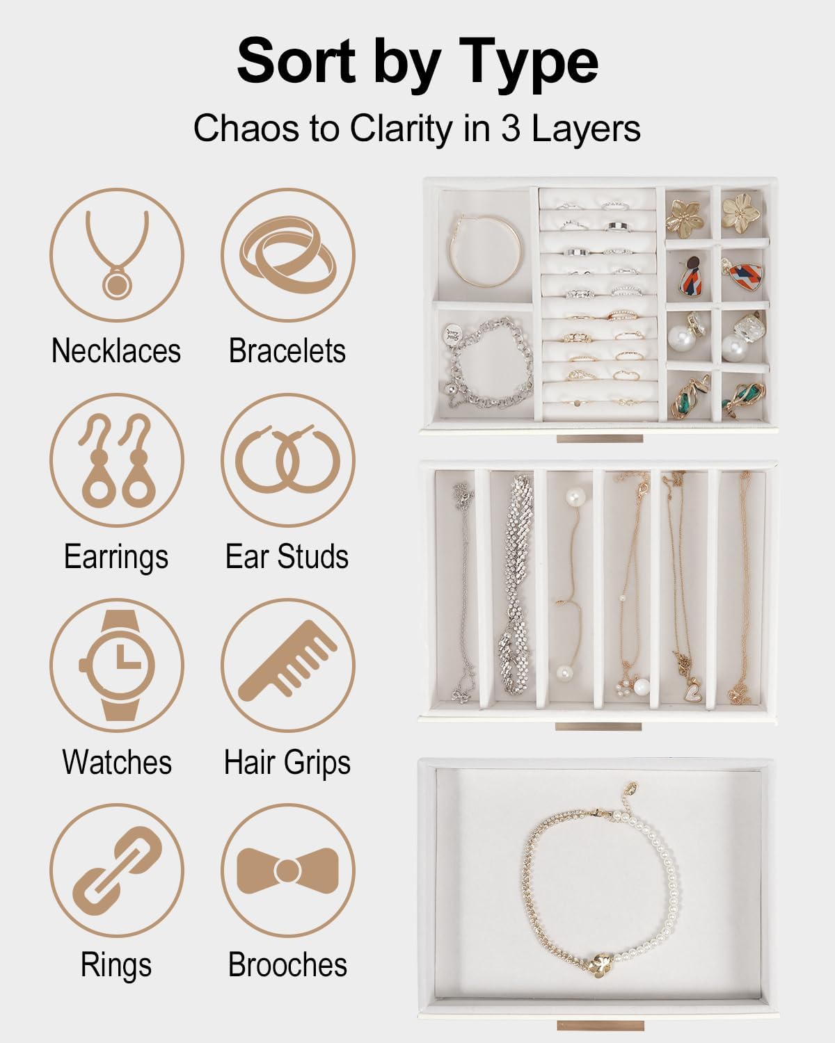Jewelry Box for Women, Glass Lid Jewelry Organizer with 3 Drawers PU Jewelry Storage Case for Necklaces Rings Earrings Bracelets (Pink)