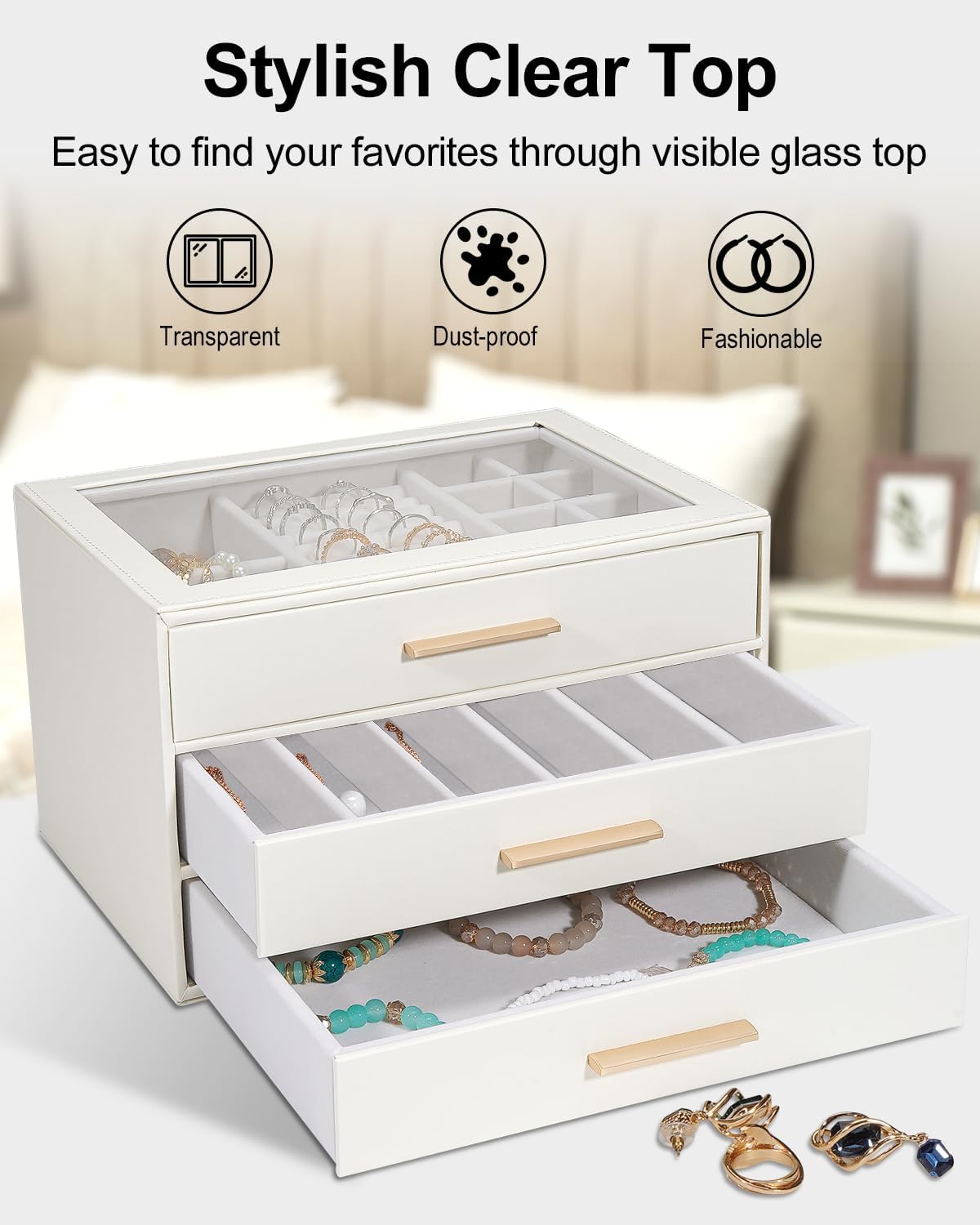 Jewelry Box for Women, Glass Lid Jewelry Organizer with 3 Drawers PU Jewelry Storage Case for Necklaces Rings Earrings Bracelets (Pink)