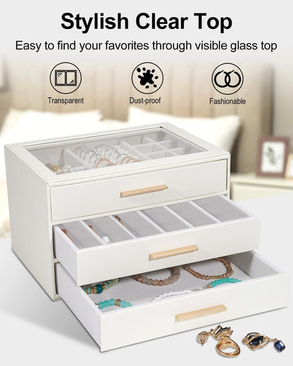 Jewelry Box for Women, Glass Lid Jewelry Organizer with 3 Drawers PU Jewelry Storage Case for Necklaces Rings Earrings Bracelets (Pink)