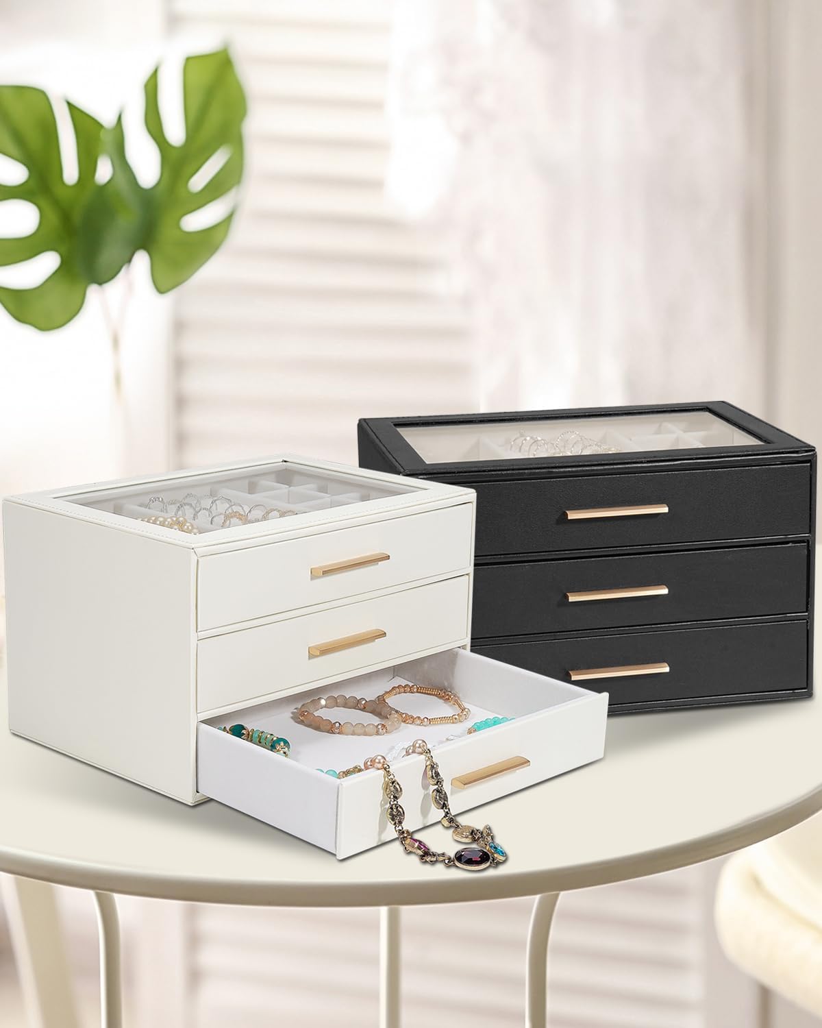 Jewelry Box for Women, Glass Lid Jewelry Organizer with 3 Drawers PU Jewelry Storage Case for Necklaces Rings Earrings Bracelets (Pink)