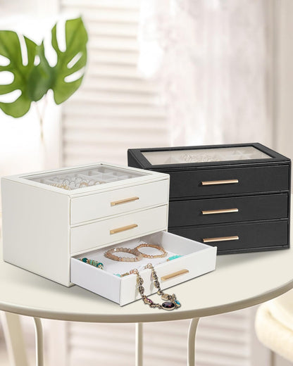 Jewelry Box for Women, Glass Lid Jewelry Organizer with 3 Drawers PU Jewelry Storage Case for Necklaces Rings Earrings Bracelets (Pink)