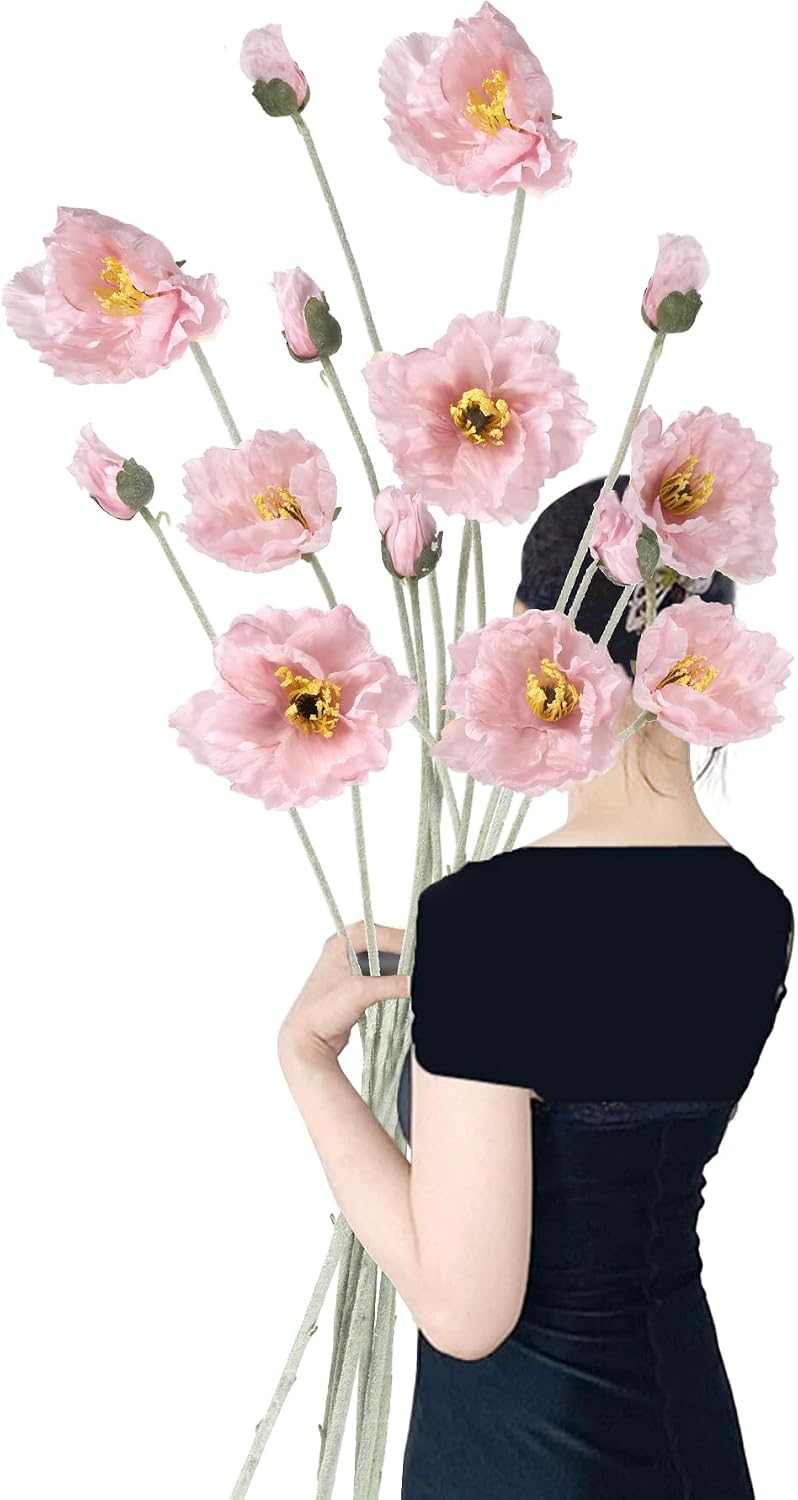 Poppy Flowers Artificial,6PCS Pink Silk Poppies 35.43in Fake Long Stem Flowers for Tall Vase Wedding Party Home Decor(Light Pink)