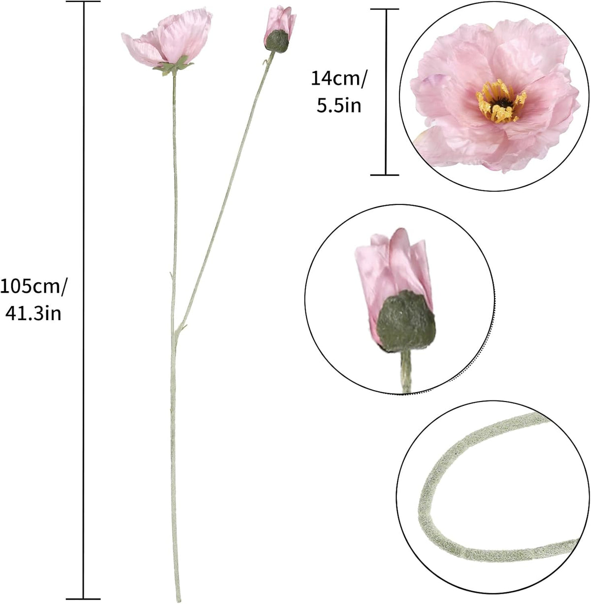 Poppy Flowers Artificial,6PCS Pink Silk Poppies 35.43in Fake Long Stem Flowers for Tall Vase Wedding Party Home Decor(Light Pink)