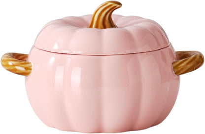 Pumpkin Soup Bowl, 64oz Ceramic Pumpkin Pot with Lid (Pink)