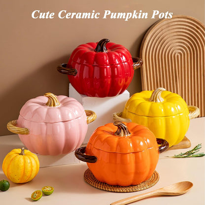 Pumpkin Soup Bowl, 64oz Ceramic Pumpkin Pot with Lid (Pink)