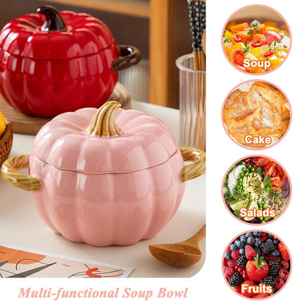 Pumpkin Soup Bowl, 64oz Ceramic Pumpkin Pot with Lid (Pink)