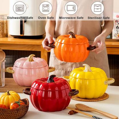 Pumpkin Soup Bowl, 64oz Ceramic Pumpkin Pot with Lid (Pink)