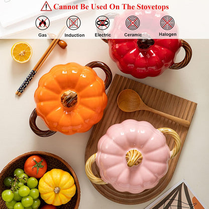 Pumpkin Soup Bowl, 64oz Ceramic Pumpkin Pot with Lid (Pink)