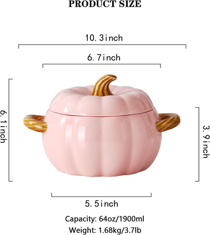 Pumpkin Soup Bowl, 64oz Ceramic Pumpkin Pot with Lid (Pink)