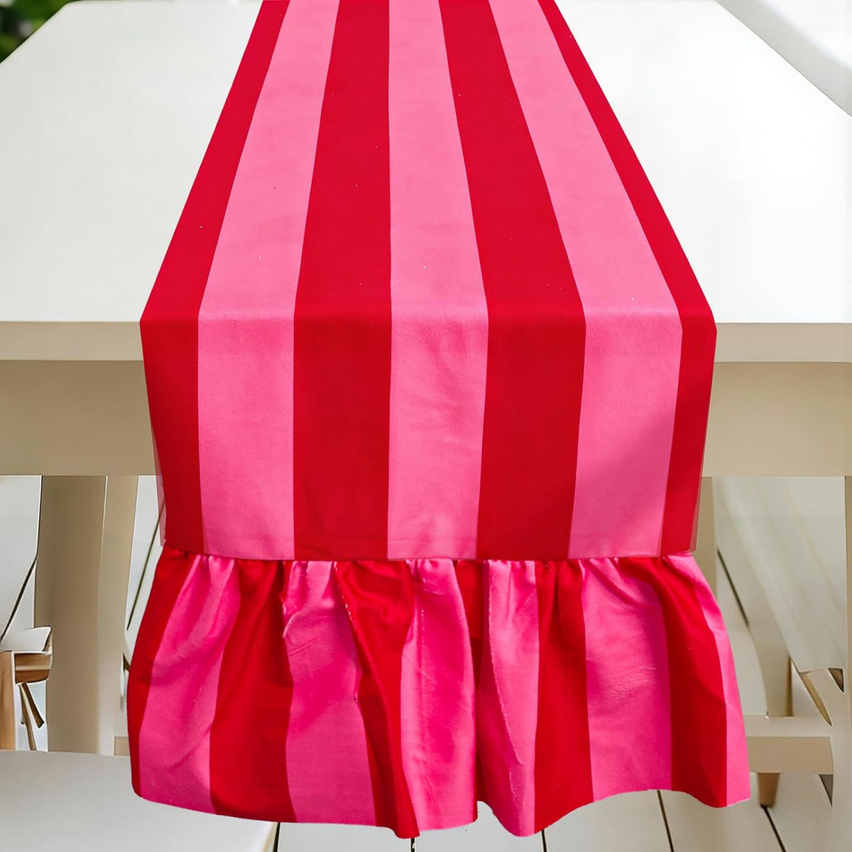 Ruffle Table Runner Boho Pink Red Striped Rectangle Decorative Table Decoration for Farmhouse Home Kitchen Baby Bridal Shower Wedding Party Decor, 13 x 72 Inch