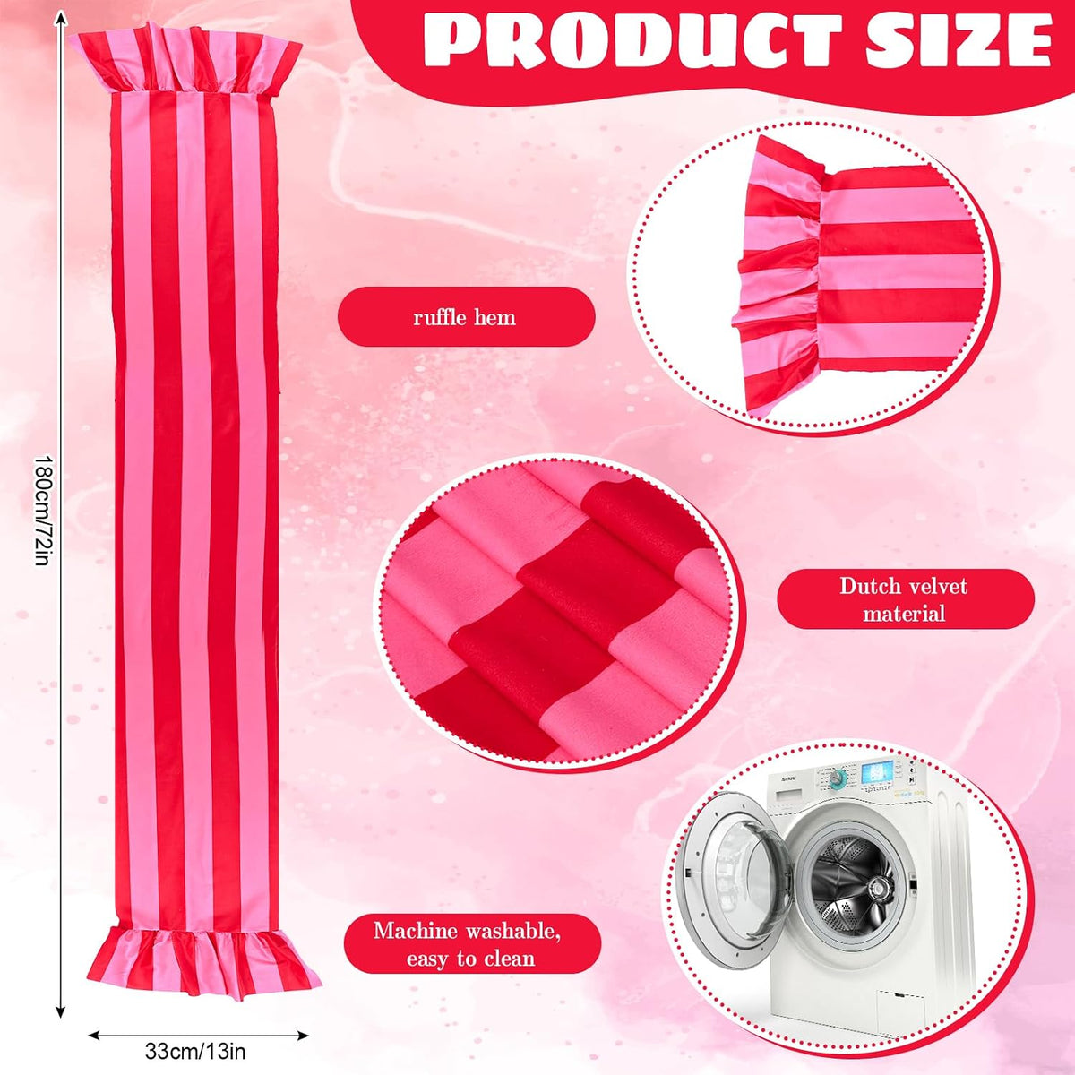 Ruffle Table Runner Boho Pink Red Striped Rectangle Decorative Table Decoration for Farmhouse Home Kitchen Baby Bridal Shower Wedding Party Decor, 13 x 72 Inch
