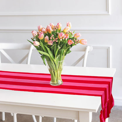 Ruffle Table Runner Boho Pink Red Striped Rectangle Decorative Table Decoration for Farmhouse Home Kitchen Baby Bridal Shower Wedding Party Decor, 13 x 72 Inch