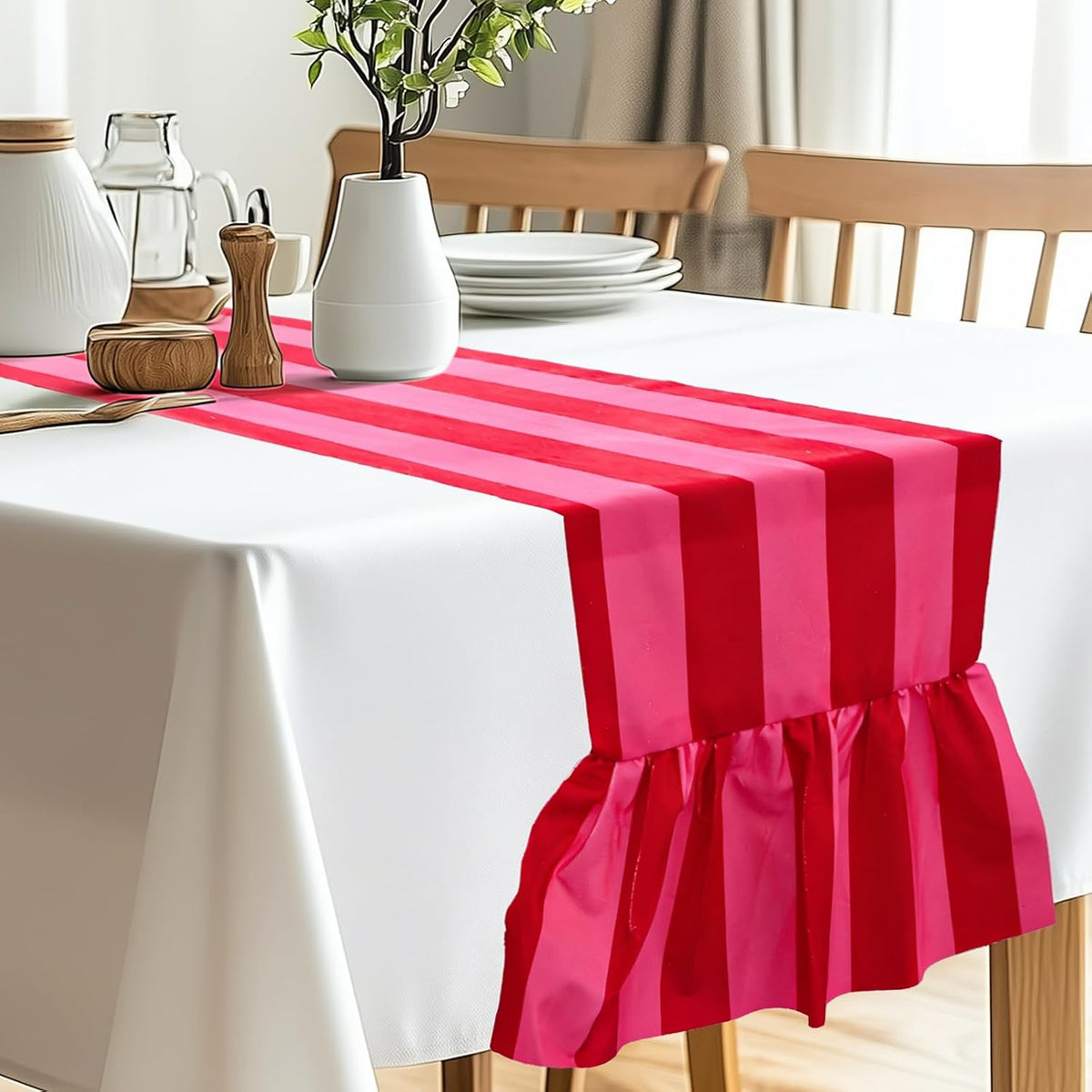 Ruffle Table Runner Boho Pink Red Striped Rectangle Decorative Table Decoration for Farmhouse Home Kitchen Baby Bridal Shower Wedding Party Decor, 13 x 72 Inch