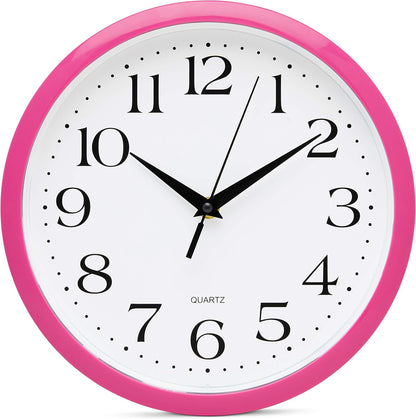 Pink Wall Clock 10 Inch Silent Non Ticking Battery Operated Quality Quartz Round Easy to Read Home/Office/Kitchen/Nursery/Girl's Bedroom/Classroom/Kids Playroom/School Clock