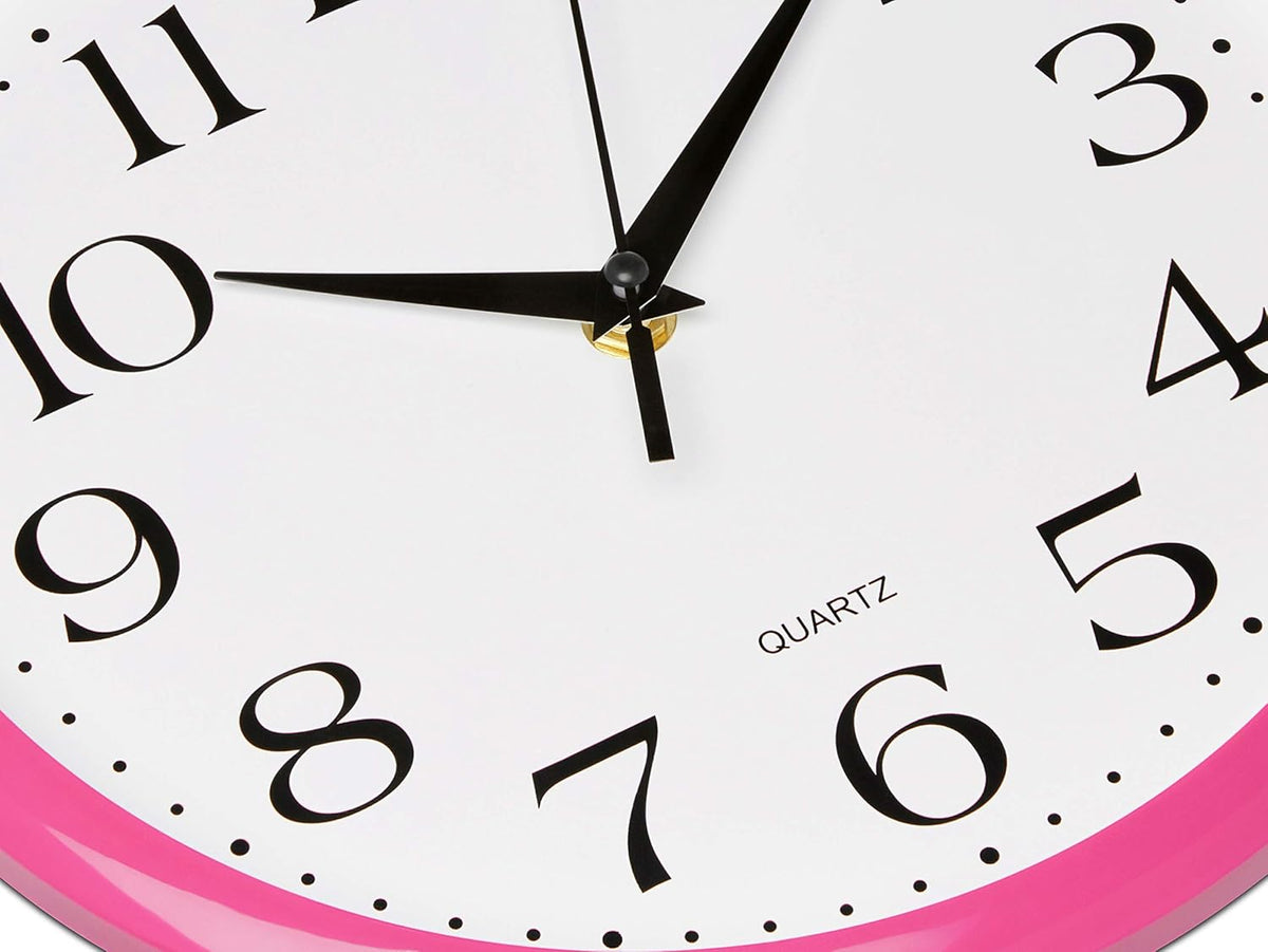 Pink Wall Clock 10 Inch Silent Non Ticking Battery Operated Quality Quartz Round Easy to Read Home/Office/Kitchen/Nursery/Girl's Bedroom/Classroom/Kids Playroom/School Clock