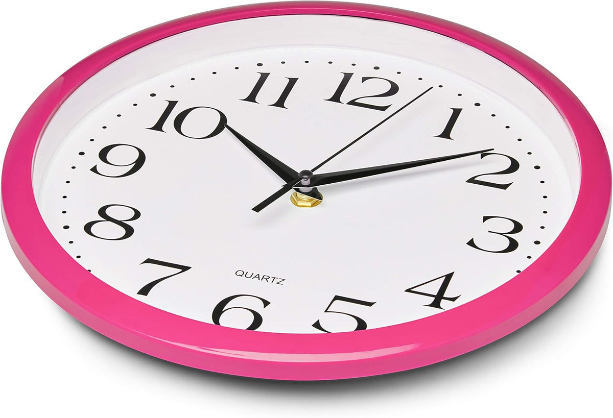 Pink Wall Clock 10 Inch Silent Non Ticking Battery Operated Quality Quartz Round Easy to Read Home/Office/Kitchen/Nursery/Girl's Bedroom/Classroom/Kids Playroom/School Clock