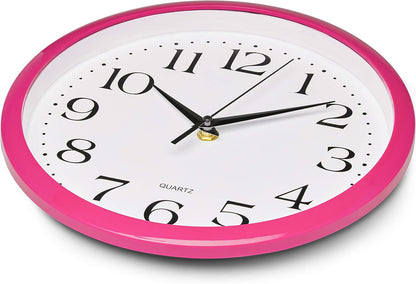Pink Wall Clock 10 Inch Silent Non Ticking Battery Operated Quality Quartz Round Easy to Read Home/Office/Kitchen/Nursery/Girl's Bedroom/Classroom/Kids Playroom/School Clock