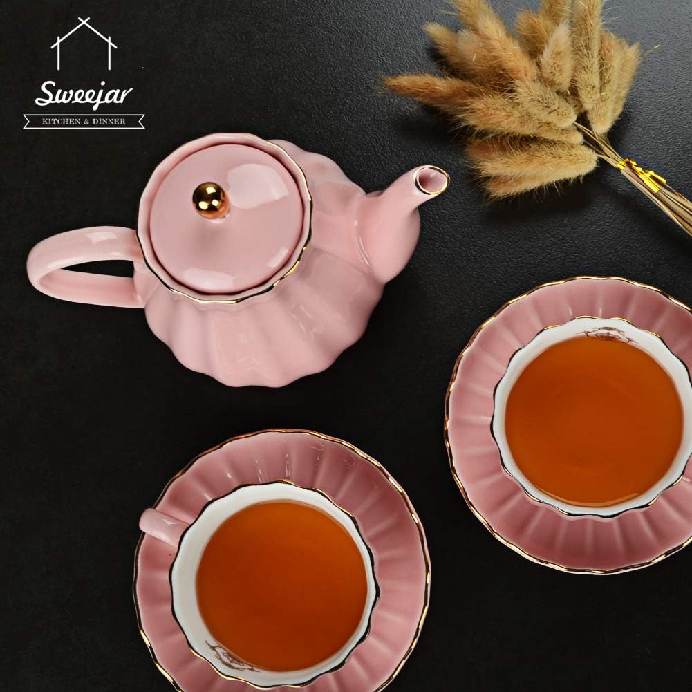 Sweejar 28FLOZ Royal Teapot with Infuser,Porcelain Tea Pot(Pink)
