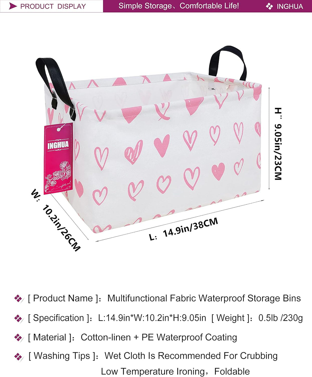Rectangular Pink heart Storage Basket