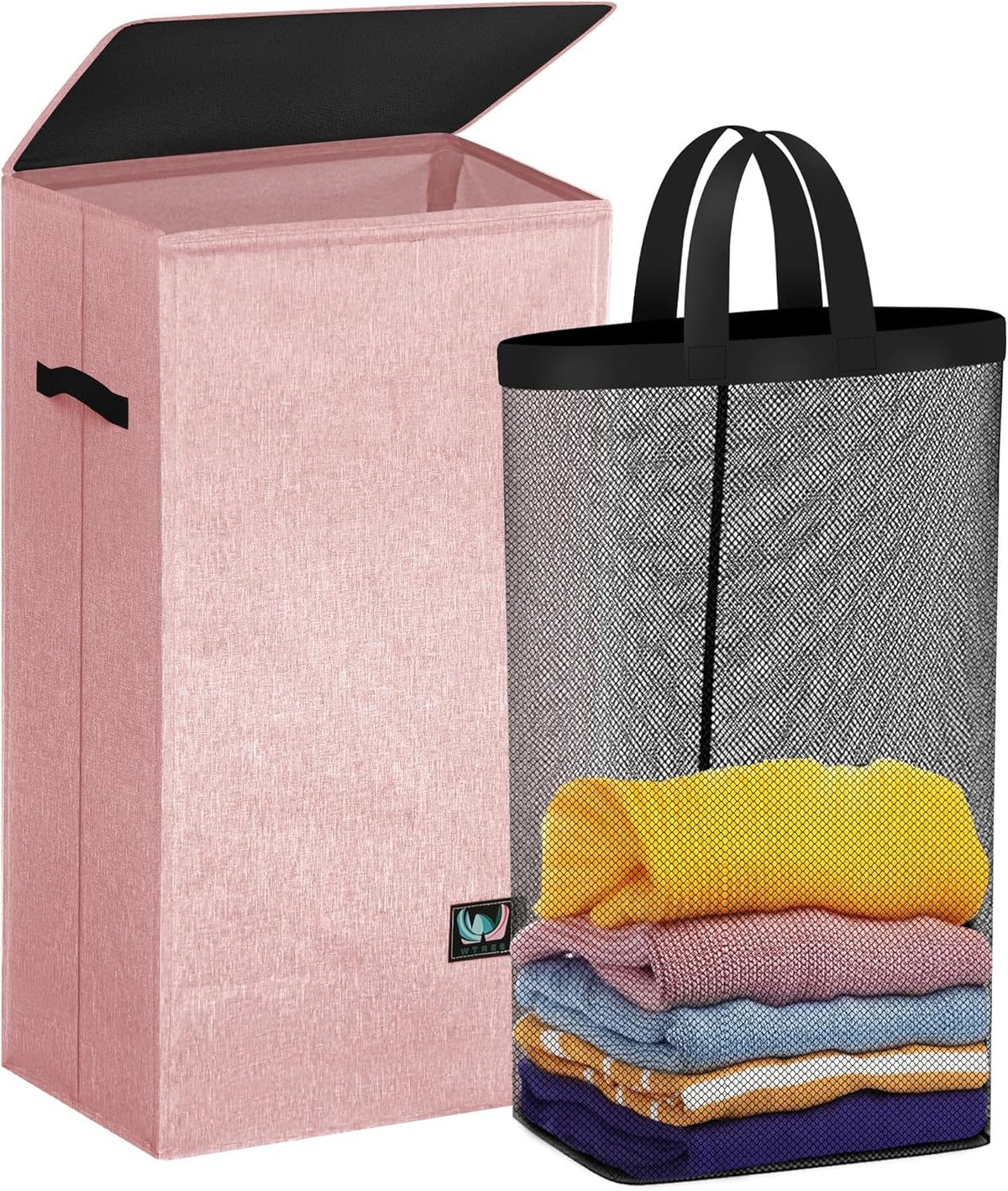 Laundry Hamper with Lid, Reinforced Sturdy Clothes Hamper with Anti-Puncture Base, Large Collapsible Laundry Basket with Removable Liner Bag, Tall Dirty Clothes Bin for Family, 100L Pink