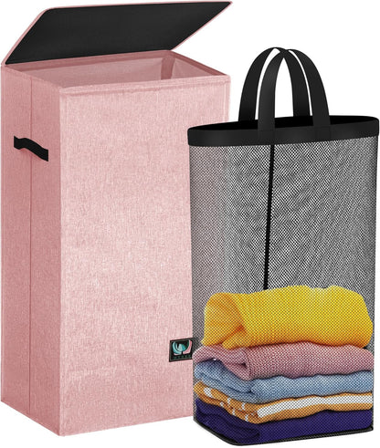 Laundry Hamper with Lid, Reinforced Sturdy Clothes Hamper with Anti-Puncture Base, Large Collapsible Laundry Basket with Removable Liner Bag, Tall Dirty Clothes Bin for Family, 100L Pink