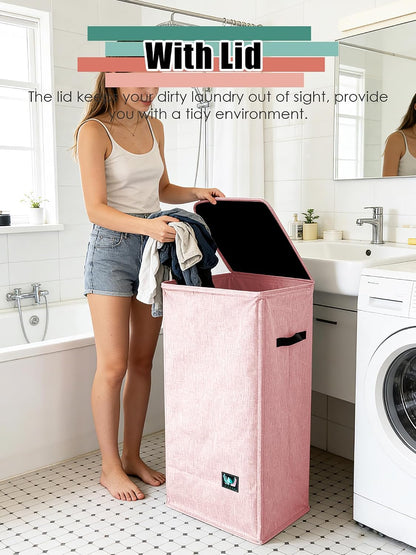 Laundry Hamper with Lid, Reinforced Sturdy Clothes Hamper with Anti-Puncture Base, Large Collapsible Laundry Basket with Removable Liner Bag, Tall Dirty Clothes Bin for Family, 100L Pink