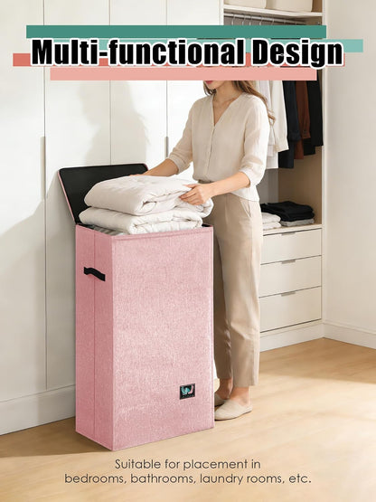 Laundry Hamper with Lid, Reinforced Sturdy Clothes Hamper with Anti-Puncture Base, Large Collapsible Laundry Basket with Removable Liner Bag, Tall Dirty Clothes Bin for Family, 100L Pink