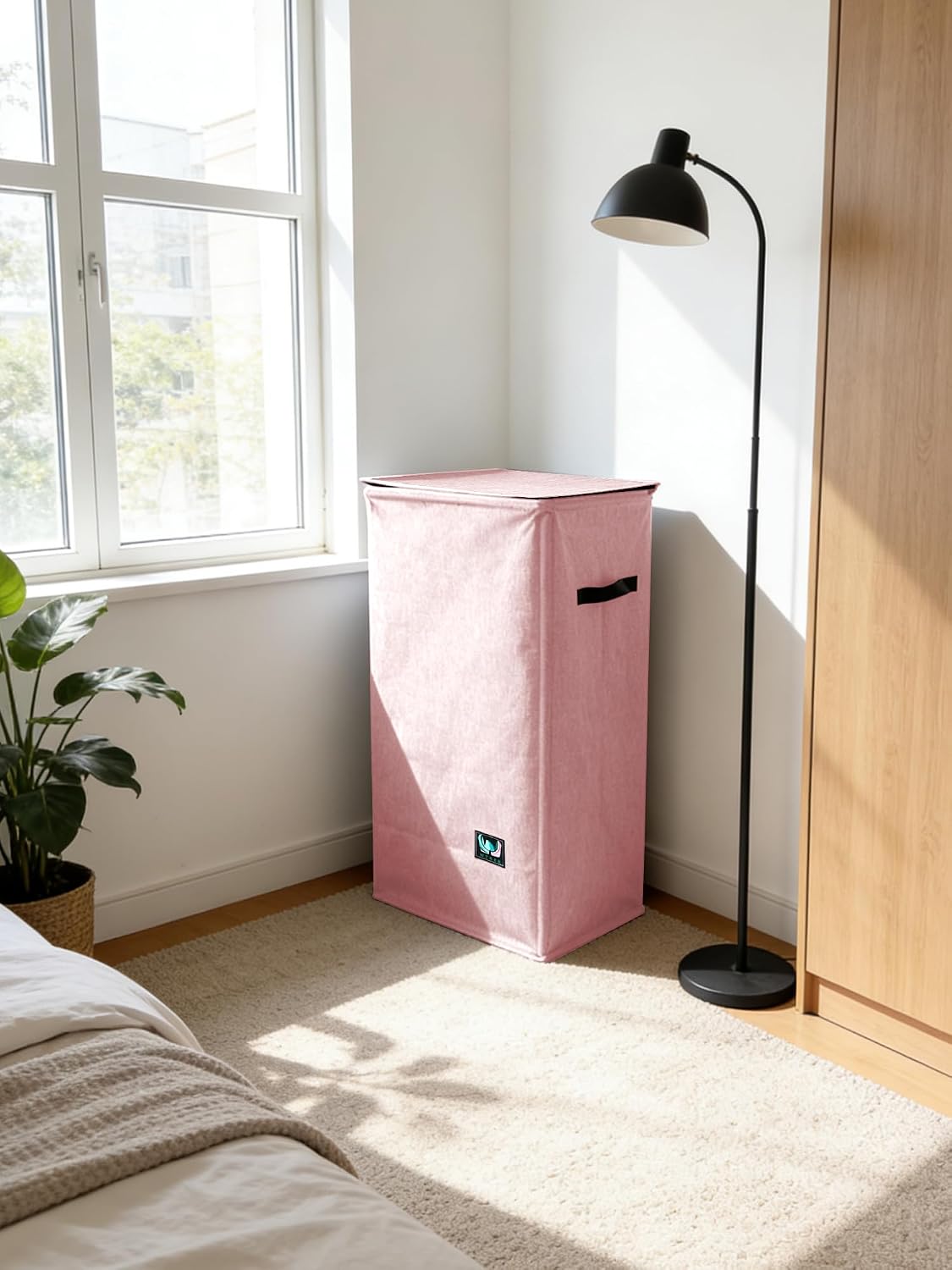 Laundry Hamper with Lid, Reinforced Sturdy Clothes Hamper with Anti-Puncture Base, Large Collapsible Laundry Basket with Removable Liner Bag, Tall Dirty Clothes Bin for Family, 100L Pink
