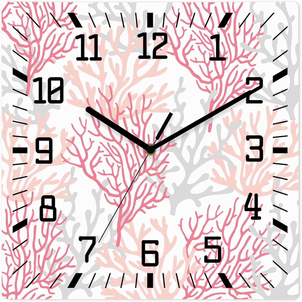 Wall Clock 12in Coral Ocean Silent Non Ticking Square Wall Clock Red Pink Grey Decorative Clock for Living Room Bedroom Office Kitchen Decor