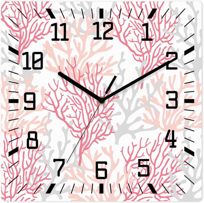 Wall Clock 12in Coral Ocean Silent Non Ticking Square Wall Clock Red Pink Grey Decorative Clock for Living Room Bedroom Office Kitchen Decor