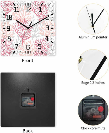 Wall Clock 12in Coral Ocean Silent Non Ticking Square Wall Clock Red Pink Grey Decorative Clock for Living Room Bedroom Office Kitchen Decor
