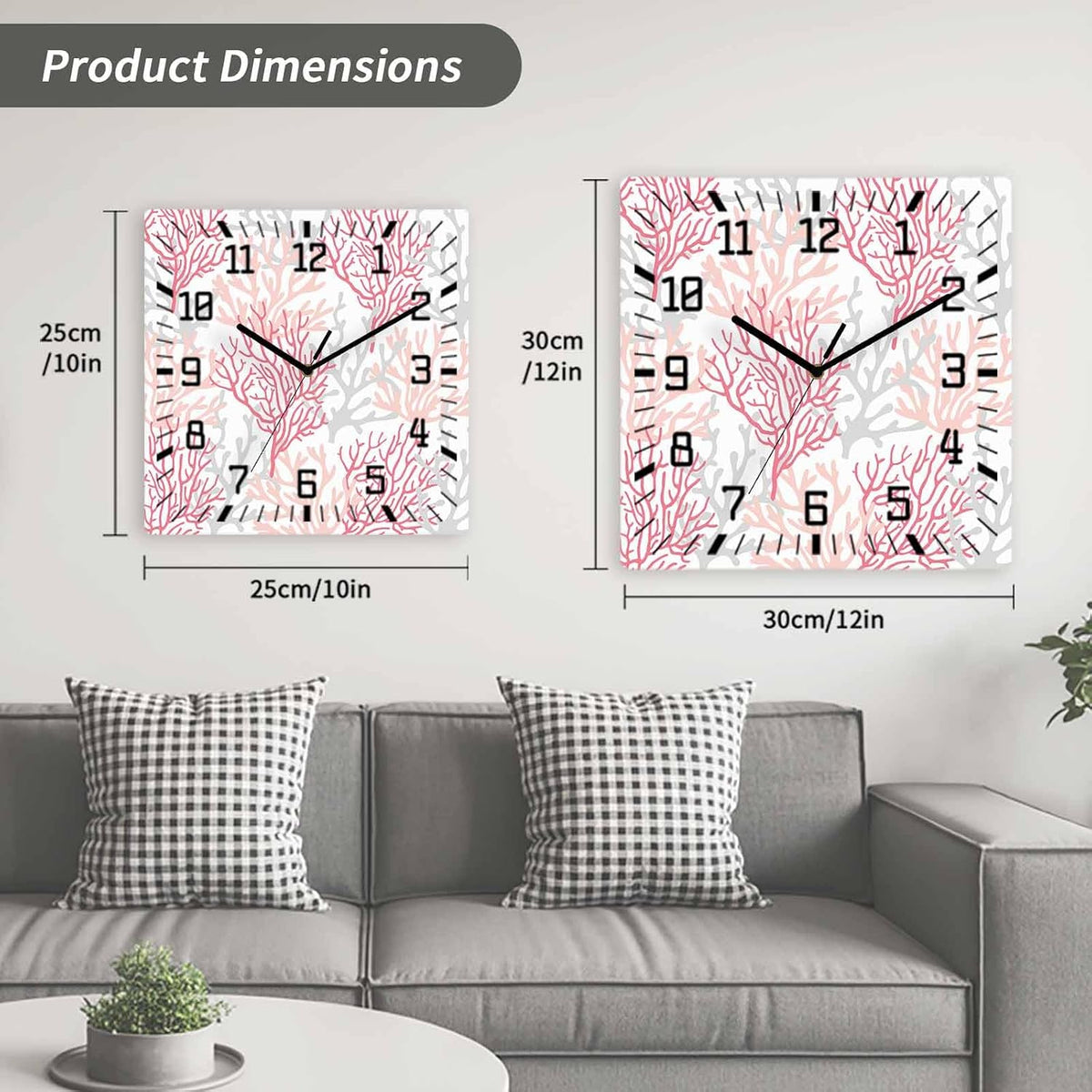 Wall Clock 12in Coral Ocean Silent Non Ticking Square Wall Clock Red Pink Grey Decorative Clock for Living Room Bedroom Office Kitchen Decor
