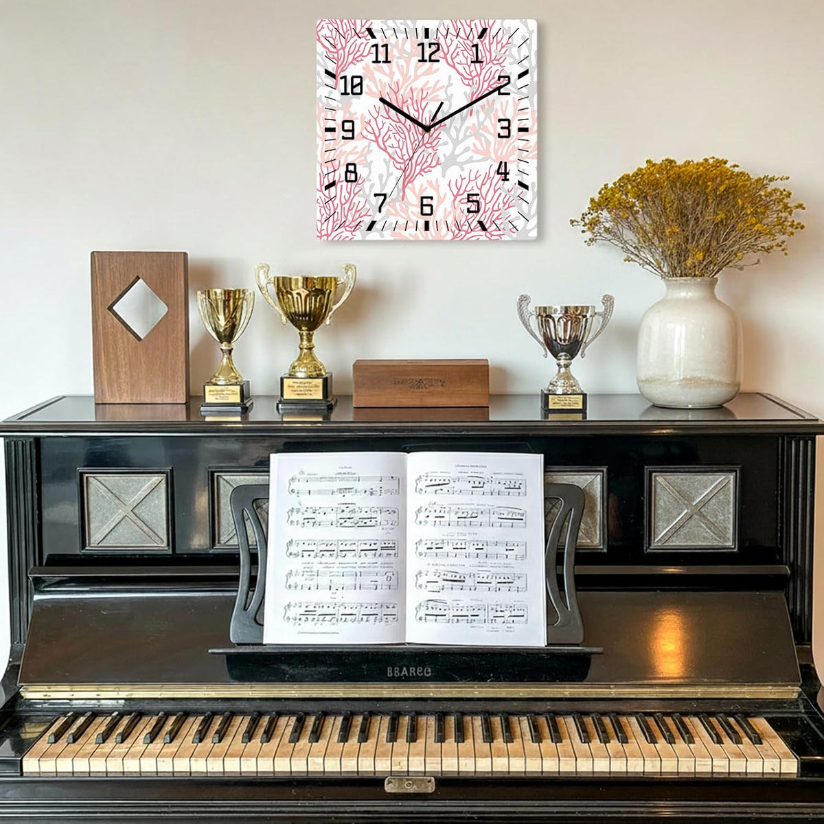 Wall Clock 12in Coral Ocean Silent Non Ticking Square Wall Clock Red Pink Grey Decorative Clock for Living Room Bedroom Office Kitchen Decor