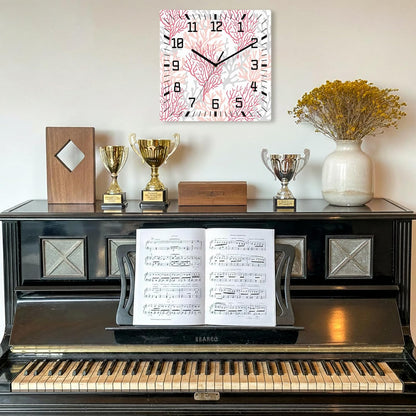 Wall Clock 12in Coral Ocean Silent Non Ticking Square Wall Clock Red Pink Grey Decorative Clock for Living Room Bedroom Office Kitchen Decor