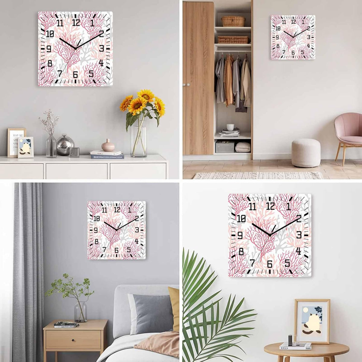 Wall Clock 12in Coral Ocean Silent Non Ticking Square Wall Clock Red Pink Grey Decorative Clock for Living Room Bedroom Office Kitchen Decor
