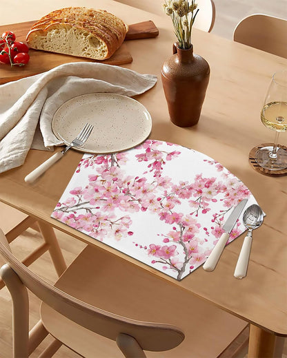 Round Table Placemats Set of 4, Spring Pink Blossom Peach Wedge Table Mat Washable Placemat, Watercolor Flower Tree Branch Fan Shape Place Mats for Kitchen Indoor Outdoor